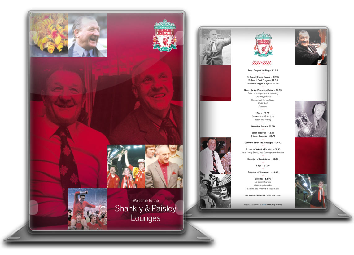 LFC Liverpool Football Club Lounges menu designs